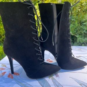Brand New black suede lace up heel boots size 7.5 from Qupid